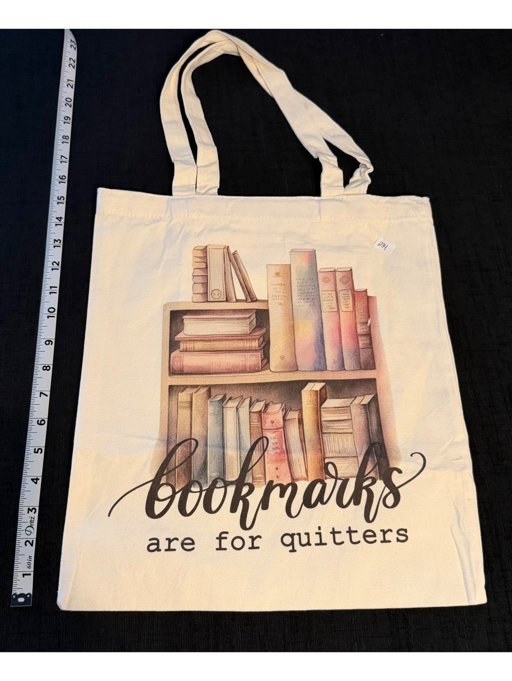 Canvas Tote Bag with Bookshelf and 'Bookmarks are for Quitters' Print